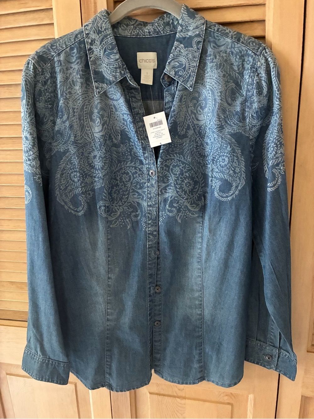 Chico's Blue Paisley Denim Button-Up Blouse